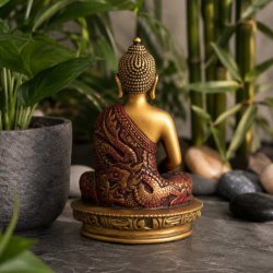 Bagside af Buddha figur 13 cm med detaljeret r�d k�be og gylden finish