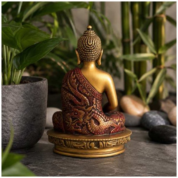 Bagside af Buddha figur 13 cm med detaljeret r�d k�be og gylden finish