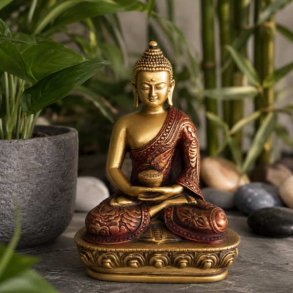 Buddha figur 13 cm i guld og r�d med almissesk�l set forfra
