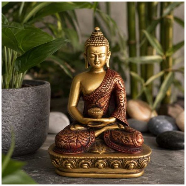Buddha figur 13 cm i guld og r�d med almissesk�l set forfra