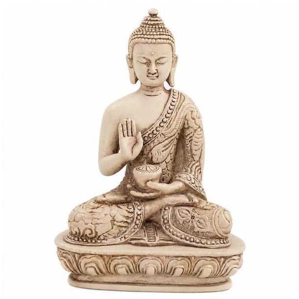 Elegant hvid Buddha figur p� 13 cm med fredfyldt udtryk og dekorative detaljer.