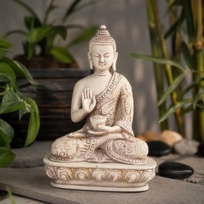 Buddha figur 13 cm i hvid med antik finish siddende med almissesk�l og fine detaljer.