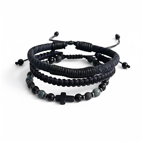 Midnight Cross herrearmb�nd med dumortierit, onyx, lavasten og kors