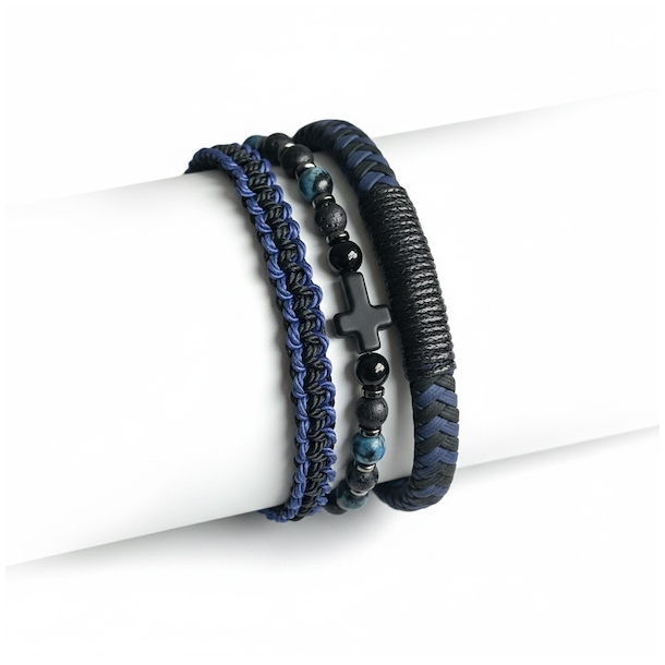 Midnight Cross herrearmb�nd med dumortierit, onyx, lavasten og kors