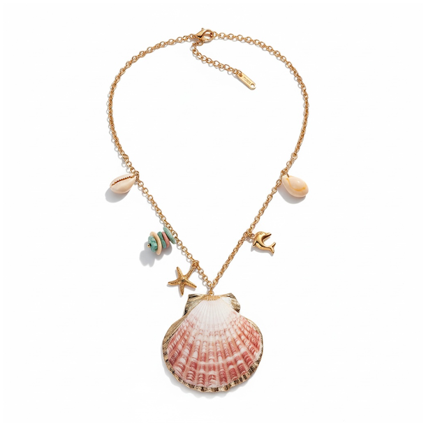 Forgyldt stl halskde med gte havskaller og strandcharms  nikkelfri kvalitet