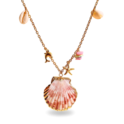 Forgyldt stl halskde med gte havskaller og strandcharms  nikkelfri kvalitet