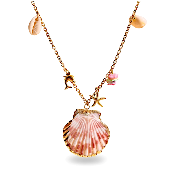 Forgyldt stl halskde med gte havskaller og strandcharms  nikkelfri kvalitet