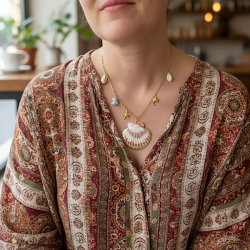 Forgyldt stl halskde med gte havskaller og strandcharms  nikkelfri kvalitet