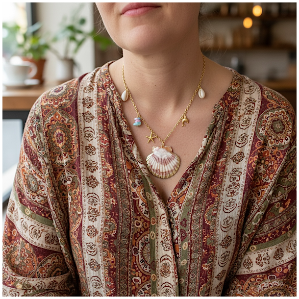 Forgyldt stl halskde med gte havskaller og strandcharms  nikkelfri kvalitet