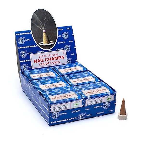 Nag Champa r�gelseskegler cones 12 stk med metalholder � perfekt til meditation og healing