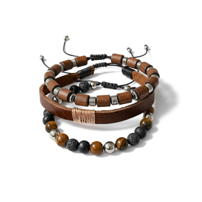 Nordic Warrior herrearmb�nd i l�der, st�l og krystaller med tiger�je og agat