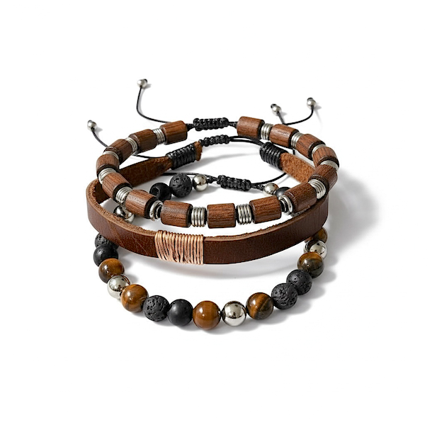 Nordic Warrior herrearmbnd i lder, stl og krystaller med tigerje og agat