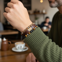 Nordic Warrior herrearmbnd i lder, stl og krystaller med tigerje og agat