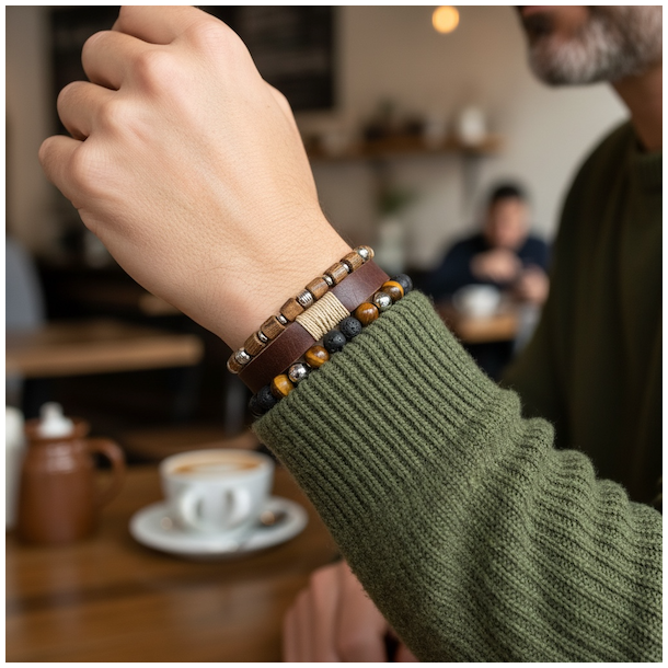 Nordic Warrior herrearmbnd i lder, stl og krystaller med tigerje og agat