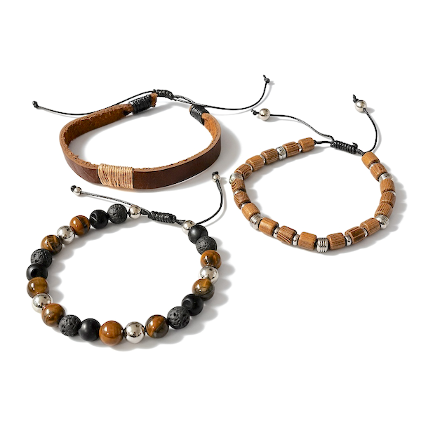 Nordic Warrior herrearmbnd i lder, stl og krystaller med tigerje og agat