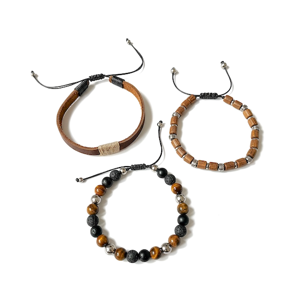 Nordic Warrior herrearmb�nd i l�der, st�l og krystaller med tiger�je og agat