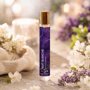 Nuit Blanche Eau de Parfum 30 ml med elegant botanisk baggrund og lilla blomster &ndash; feminin fransk parfume med varm og sensuel duft.