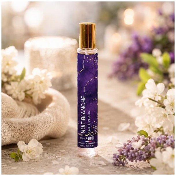 Nuit Blanche Eau de Parfum 30 ml med elegant botanisk baggrund og lilla blomster &ndash; feminin fransk parfume med varm og sensuel duft.