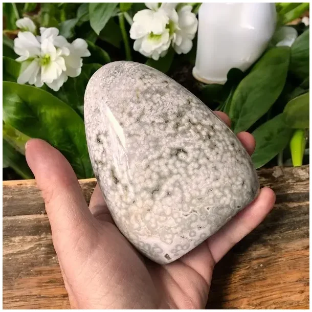 Unika Ocean jaspis freeform 10,5 cm  unik poleret sten med farver og naturlige huler