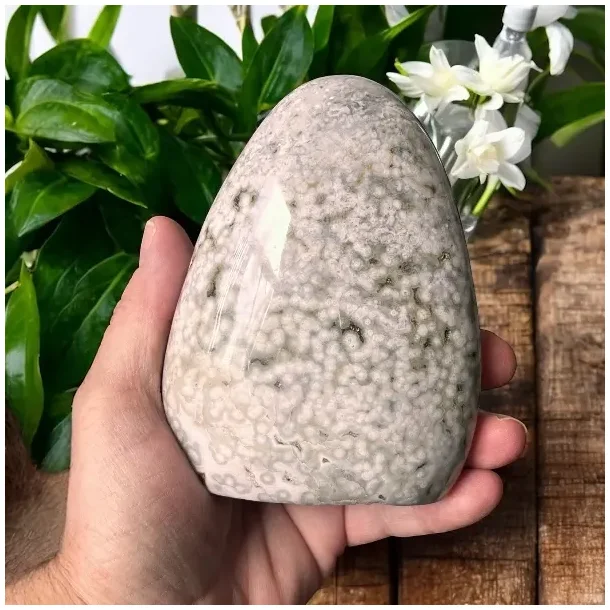 Unika Ocean jaspis freeform 10,5 cm  unik poleret sten med farver og naturlige huler