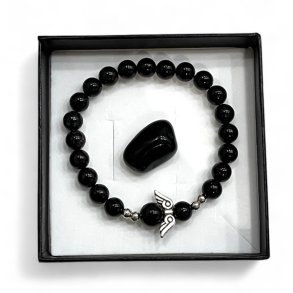 Gavest med Sort Onyx Armbnd, Skytsengel og Lommesten  Ml 16,5-18 cm