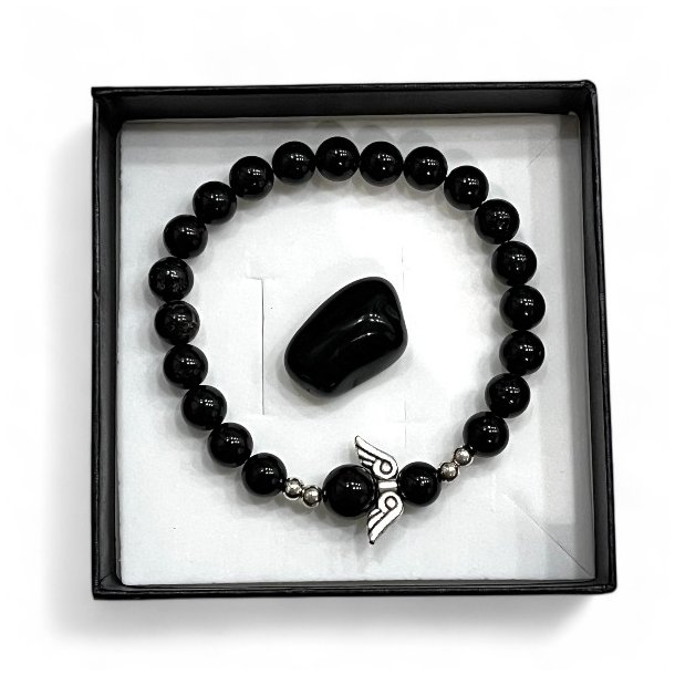 Gavest med Sort Onyx Armbnd, Skytsengel og Lommesten  Ml 16,5-18 cm