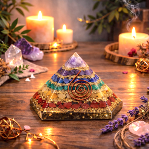 Orgonitpyramide med 7 chakrasten og kobberspiral � balance og energi