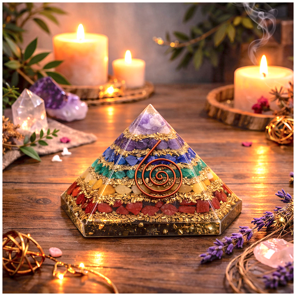 Orgonitpyramide med 7 chakrasten og kobberspiral � balance og energi
