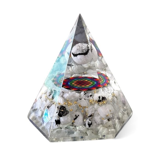 Stor Hexagonal Regnbue M�nesten Orgonit Pyramide � Harmoni, Beskyttelse og Energetisk Balancering