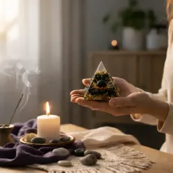 Orgonit pyramide med sort obsidian og lotus � 6 x 6 cm