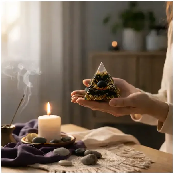 Orgonit pyramide med sort obsidian og lotus � 6 x 6 cm