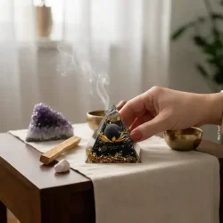 Orgonit pyramide med sort obsidian og lotus � 6 x 6 cm