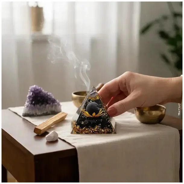 Orgonit pyramide med sort obsidian og lotus � 6 x 6 cm