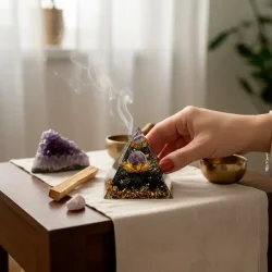 Orgonit pyramide med sort obsidian og ametystkugle i lotus 6 x 6 cm