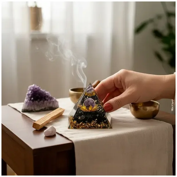 Orgonit pyramide med sort obsidian og ametystkugle i lotus 6 x 6 cm