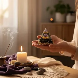 Orgonit pyramide med sort obsidian og ametystkugle i lotus 6 x 6 cm