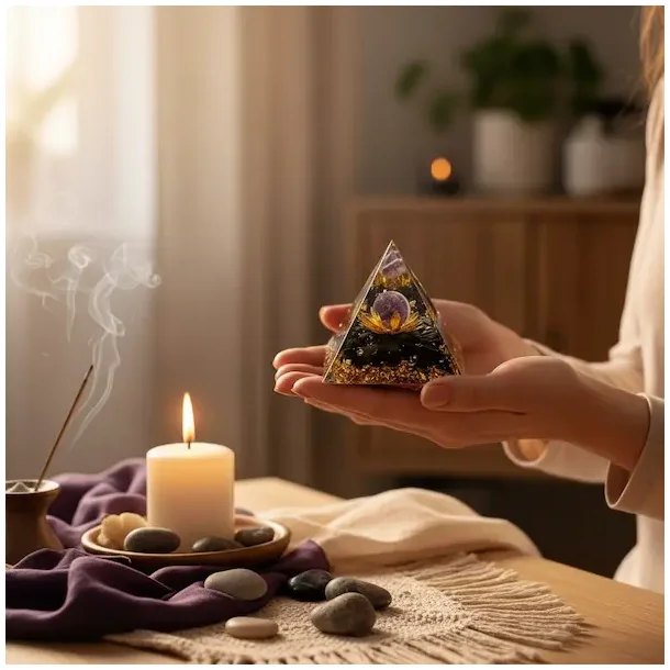 Orgonit pyramide med sort obsidian og ametystkugle i lotus 6 x 6 cm