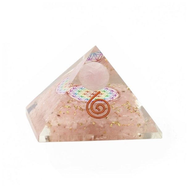 Rosenkvarts Orgonit Pyramide 5 x 5 x 3,8 cm med Flower of Life &amp; Spiral