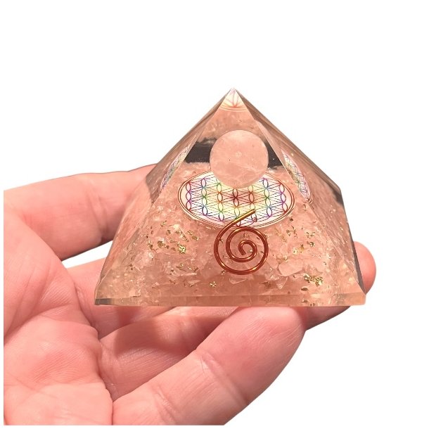 Rosenkvarts Orgonit Pyramide 5 x 5 x 3,8 cm med Flower of Life &amp; Spiral