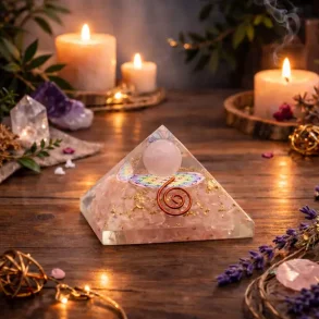 Rosenkvarts Orgonit Pyramide 5 x 5 x 3,8 cm med Flower of Life & Spiral