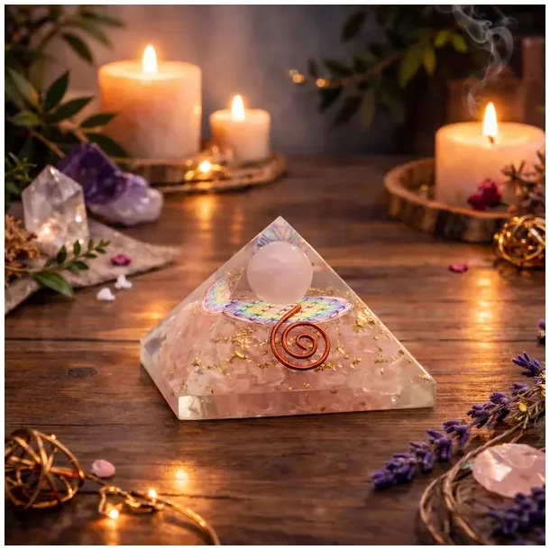Rosenkvarts Orgonit Pyramide 5 x 5 x 3,8 cm med Flower of Life &amp; Spiral