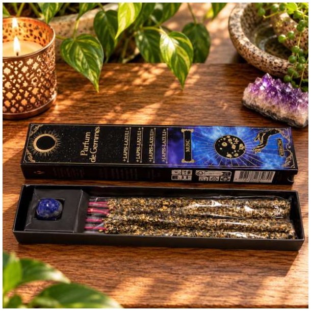 Parfum de Gemmes Lapis Lazuli r�gelsespinde med muskduft i �ske og �ben emballage med sten og r�gelsespinde.