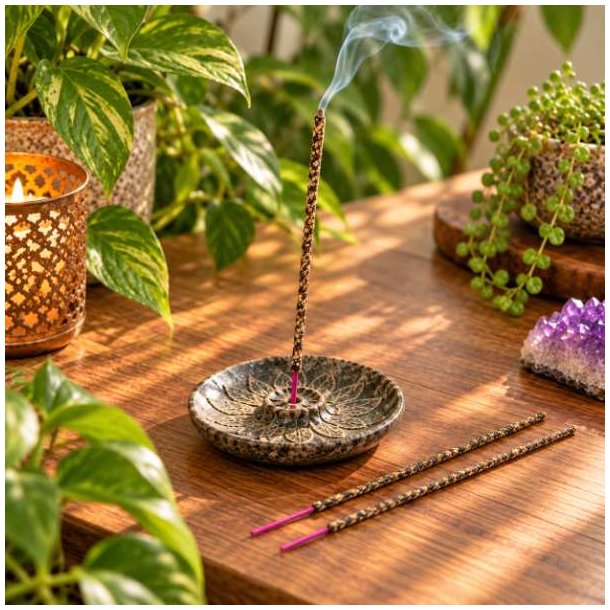 H�ndrullet musk r�gelsespind med Lapis Lazuli-tema i r�gelsesholder med to ekstra pinde p� tr�bord.