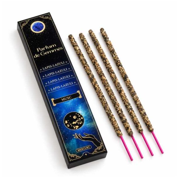 Parfum de Gemmes musk r�gelsespinde med Lapis Lazuli &ndash; �ske og fire h�ndrullede r�gelsespinde p� hvid baggrund.