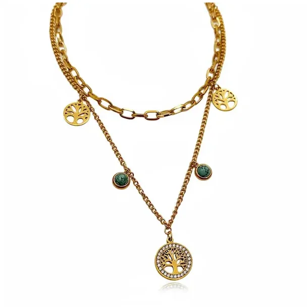 Forgyldt Dobbeltkde med Livets Tr, Bl Howlit og Rhinsten  Livets Energi