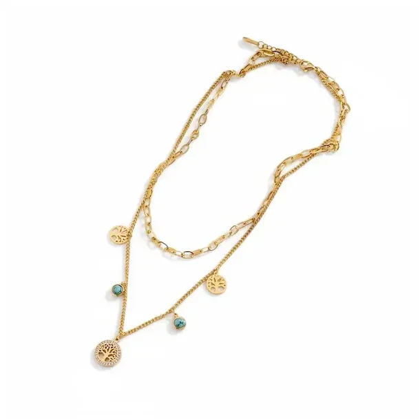 Forgyldt Dobbeltkde med Livets Tr, Bl Howlit og Rhinsten  Livets Energi