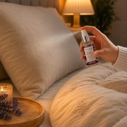 �kologisk pudespray sprayes p� hovedpude for at skabe en afslappende og hyggelig stemning ved sengetid.