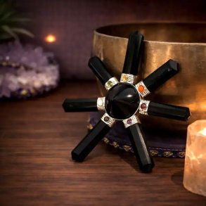 Reiki-generator i sort turmalin med chakra-sten � energibalance & beskyttelse