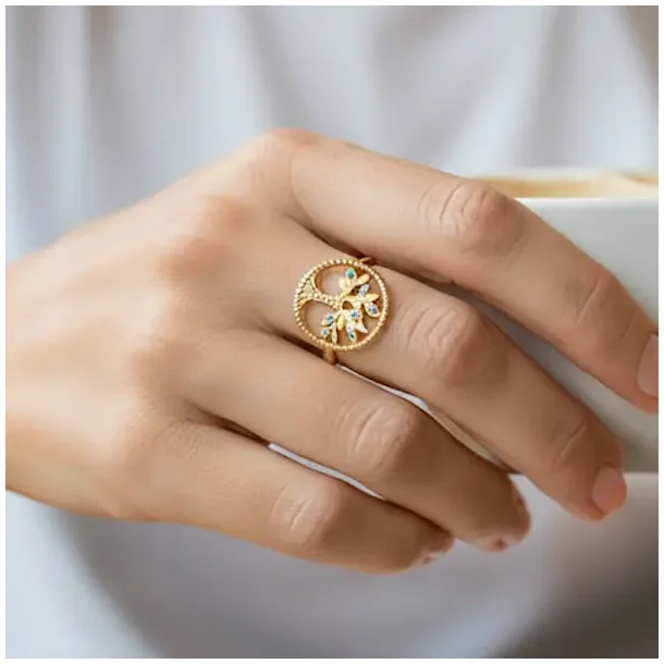 Forgyldt Ring med Livets Tr og Howlit  Indre Harmoni