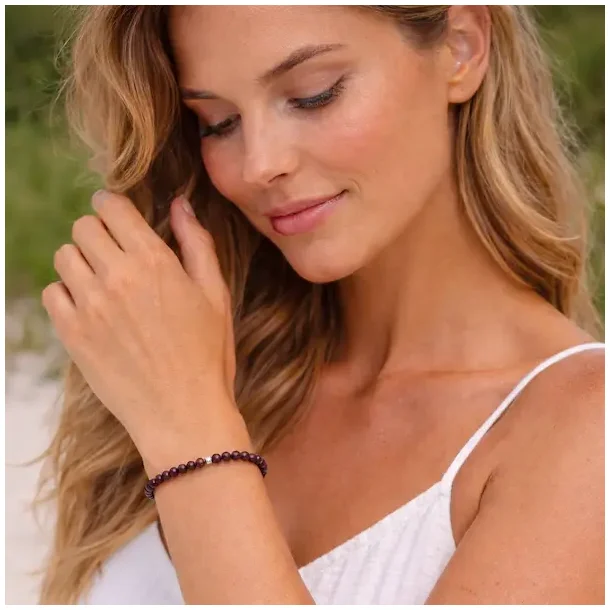 H�ndlavet Krystal armb�nd | r�d granat | 6 mm. stenperler | M�l 16,5 - 19 cm